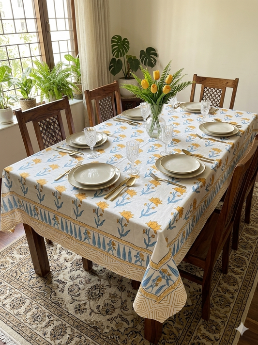 Yellow floral Block Print 6 Seater Rectangular Table Cover/Cloth