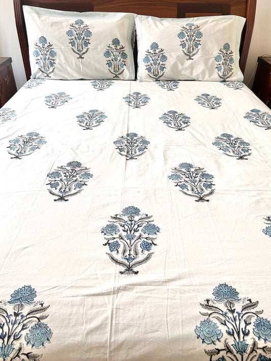 Navya Block Printed White Cotton Bedsheet(108x108)