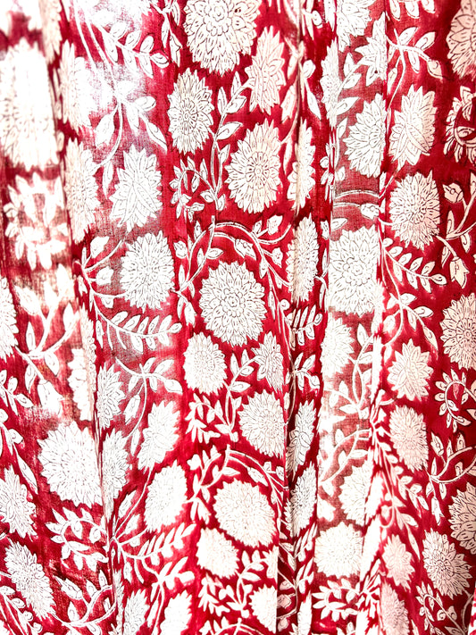 Red Floral Block Printed Sheer Curtains