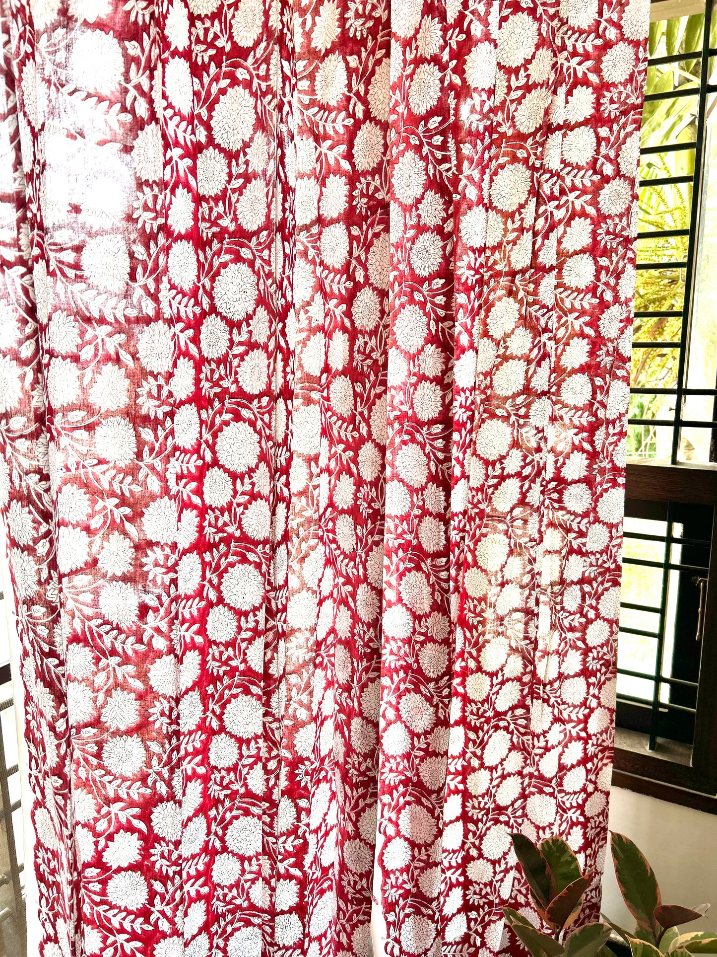 Red Floral Block Printed Sheer Curtains